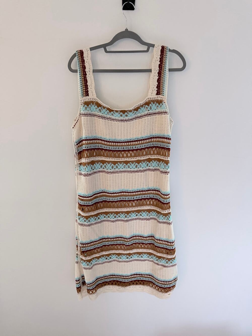 Anthropologie Kings Road Crochet Stripe Cream Blue Boho Mini Dress-Size L/XL